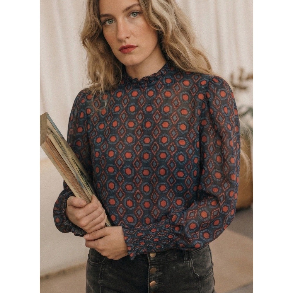 ZARA Women's Geometric Print Puff Sleeve Blouse Career Top Size Small